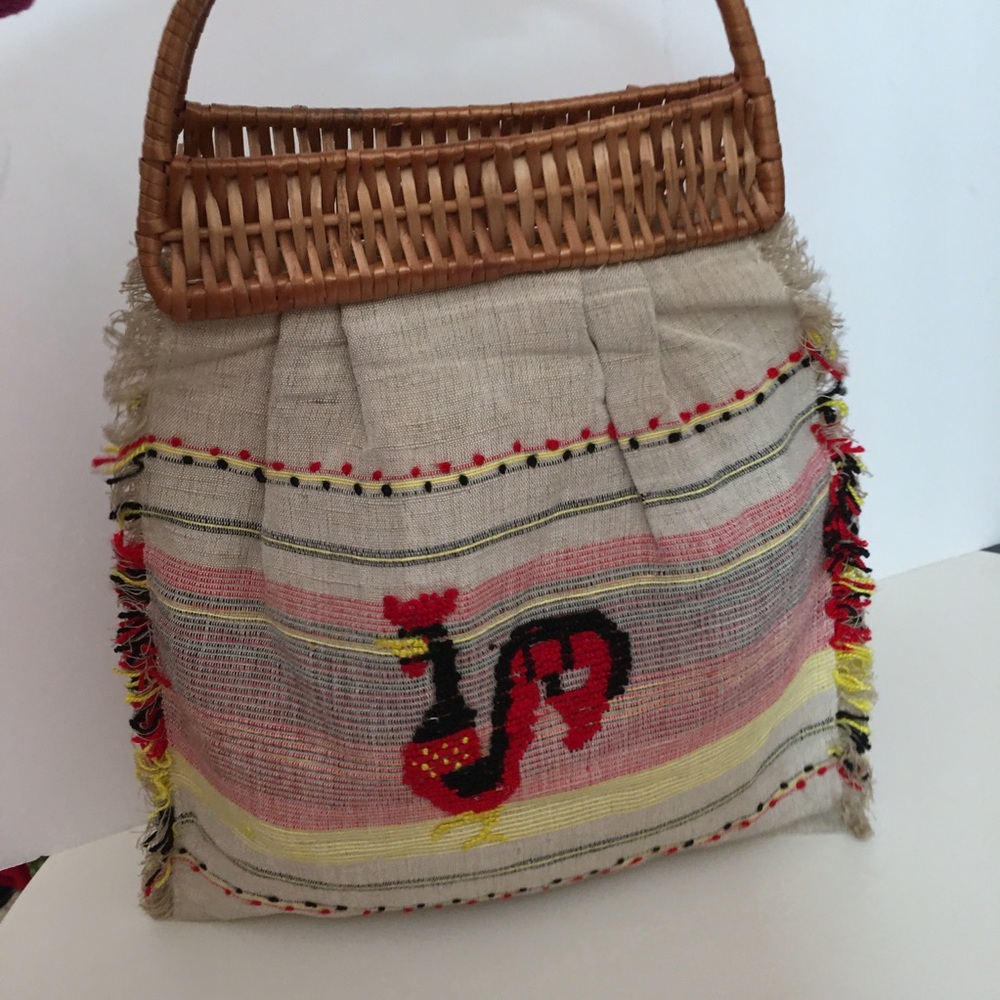 Vintage 1950 Retro Fabric Straw Rooster top handle made in Italy Market Tote Bag - Picture 8 of 14
